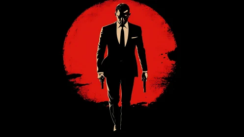 Sharp-suited gunman silhouette before bold red sun field.