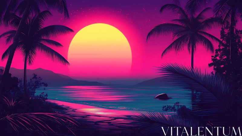Neon coastal sunset with palm silhouettes and calm water.