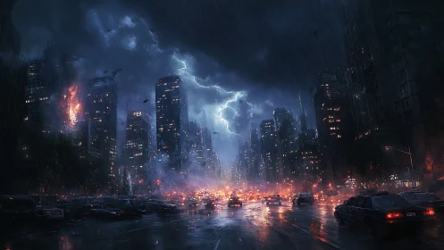 Nighttime urban avenue under storm with burning high-rise.