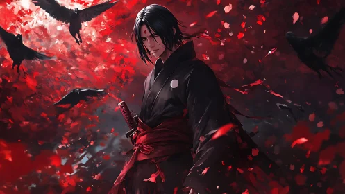 Stoic swordsman stands amid crimson crows and petals.