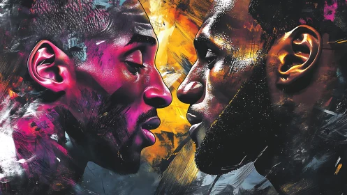 Two opposing male profiles are rendered in vivid digital color