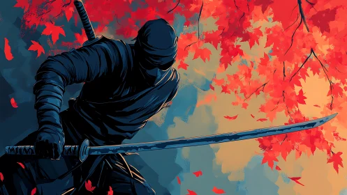 Shadowed ninja poised beneath blazing autumn canopy.