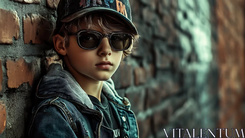 Urban Youth Portrait: Sunglasses and Vintage Cap Against Weathered Brick.
