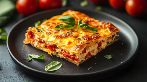 Baked vegetable lasagna slice on dark plate with basil.