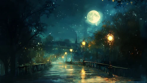 Moonlit city bridge shows wet pavement and glowing lamps