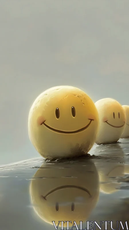 Smiling yellow orbs rest on wet reflective surface in line