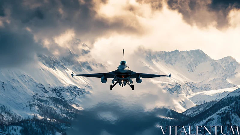 Single-seat fighter jet inbound over dramatic winter alps sky