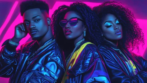 Neon-lit trio in reflective jackets under magenta-blue glow.