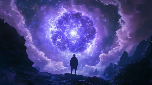 Silhouette observing vast glowing purple cosmic sphere.
