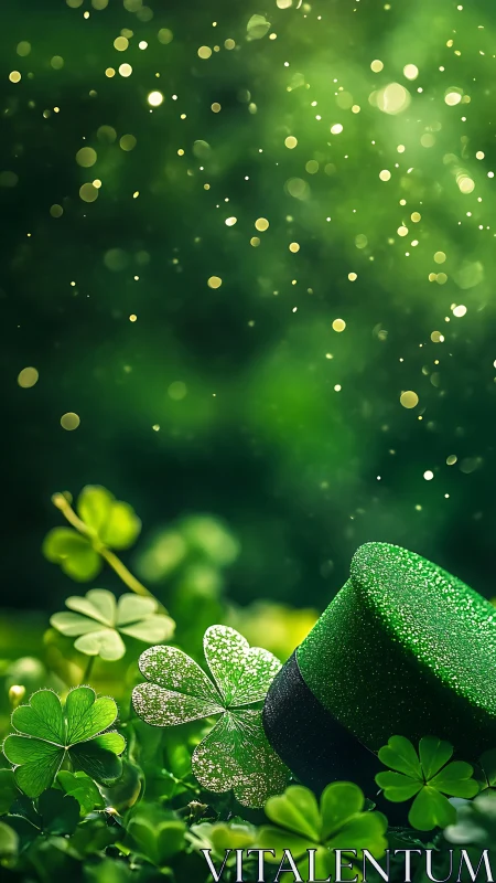 Glittered leprechaun hat amid clover field with bokeh light.