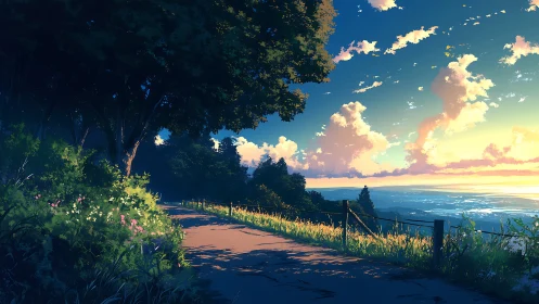 Sunlit hill road beside forest edge at calm sunset.