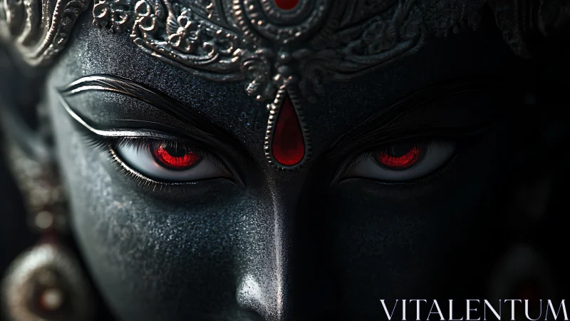 Dark divine face close up with red glowing eyes and jewels