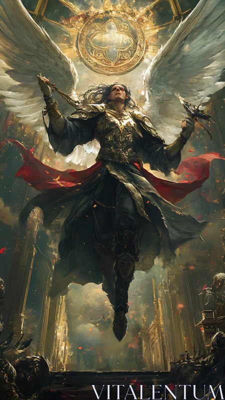 Warborne seraph ascends through gilded cathedral storm.