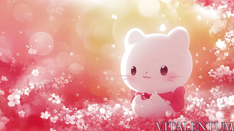Kawaii white cat in glowing pink floral bokeh field.