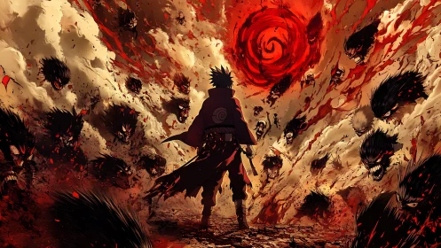 Cloaked figure facing vortex amid lunging shadow creatures.