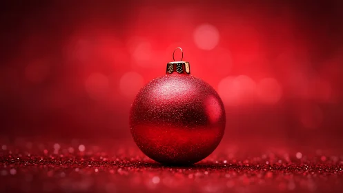 Red glittered Christmas ornament rests on reflective surface