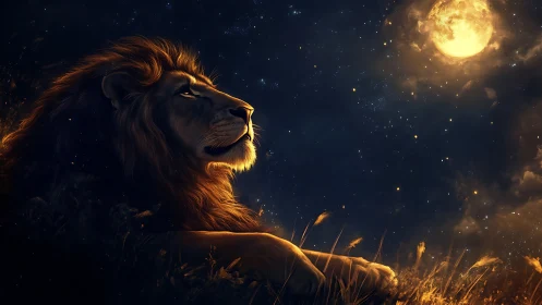 Moonlit lion dreaming beneath a quiet, star-dusted sky.