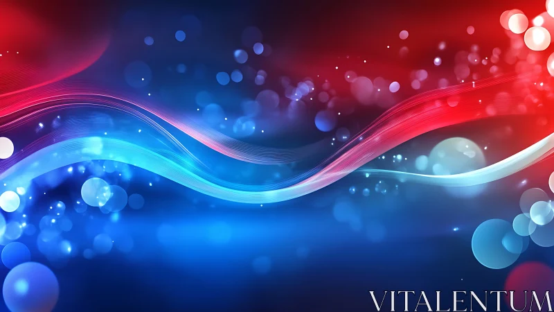 Neon red and blue light waves cross luminous bokeh field.