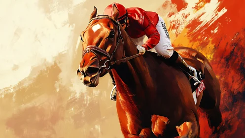 Galloping racehorse and rider charging into warm sunset light.