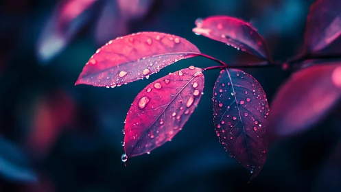 Raindrops rest on neon pink leaves in tranquil twilight