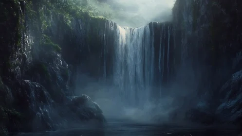 Misty vertical waterfall amid steep rock walls at dusk.