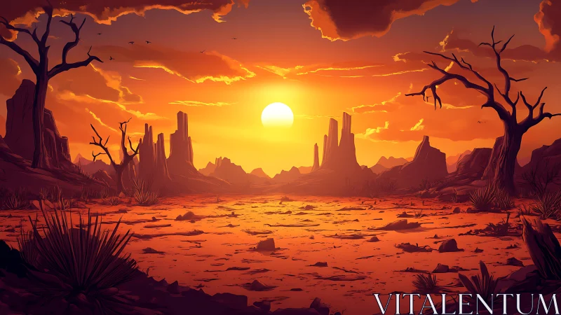 Cinematic sunset over stylized desert badlands in warm haze