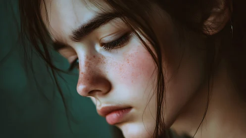 Melancholic freckled portrait in soft teal side lighting.