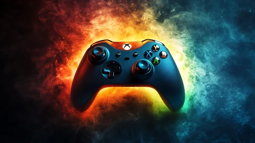 Gaming Controller Engulfed in Fiery and Icy Energy Waves.