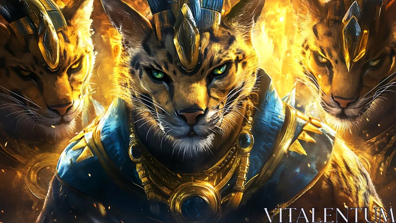 Divine felines ablaze with ethereal fire and celestial armor.