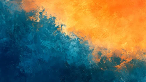 Abstract blend of vivid blue and orange oil paint texture.