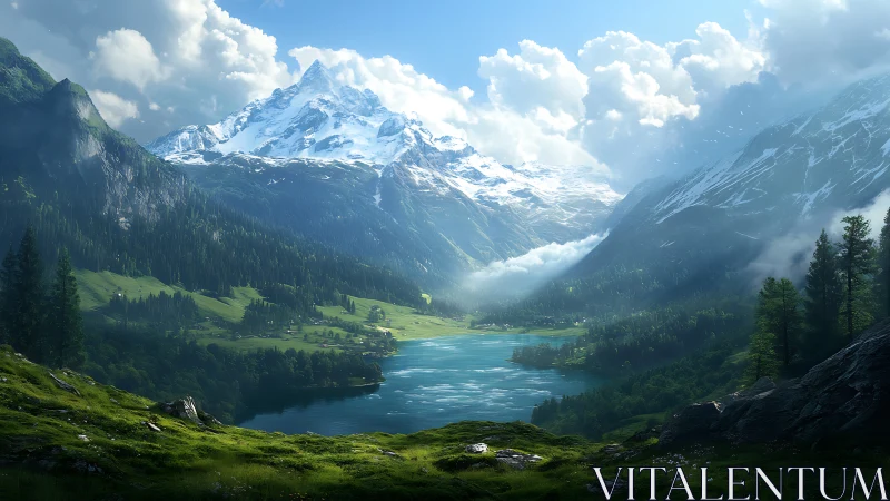 Snowcapped mountain valley above turquoise alpine lake.