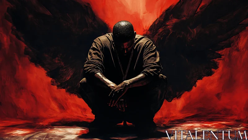 Brooding fallen angel crouched in a storm of burning red.