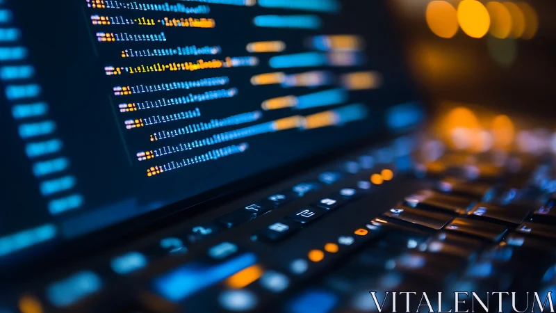 Glowing code lines illuminate a laptop in a dark workspace