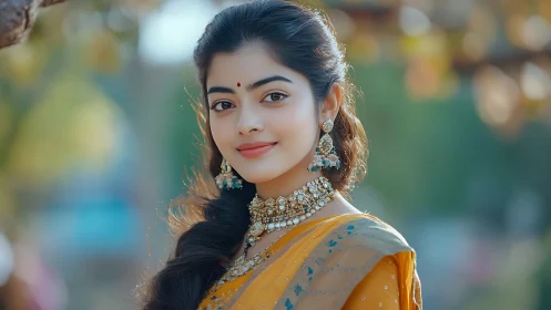 Portrait shows woman in traditional attire facing camera