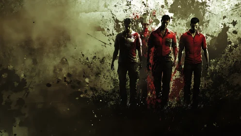 Digital painting of four survivors in splattered grunge field.