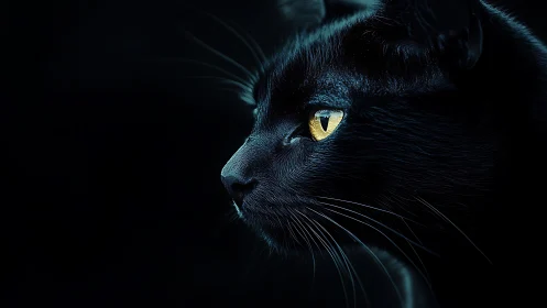 High-contrast feline portrait with luminous iris and dramatic chiaroscuro lighting