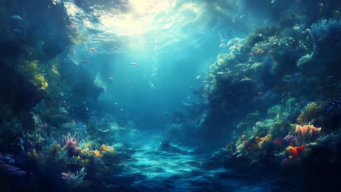 Sunlit coral canyon where quiet reef cities softly glow.