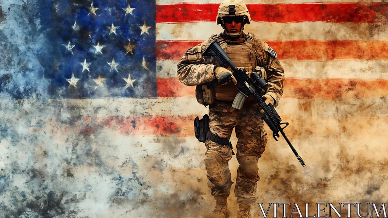 Modern combat soldier in tactical gear over distressed US flag field