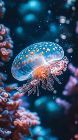 Bioluminescent jellyfish drifts like a lantern through coral