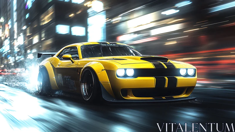 Yellow muscle car drifts through neon city rain at speed.