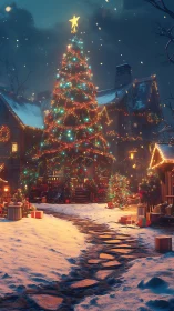 Snowy village Christmas tree glows with warm festive lights.