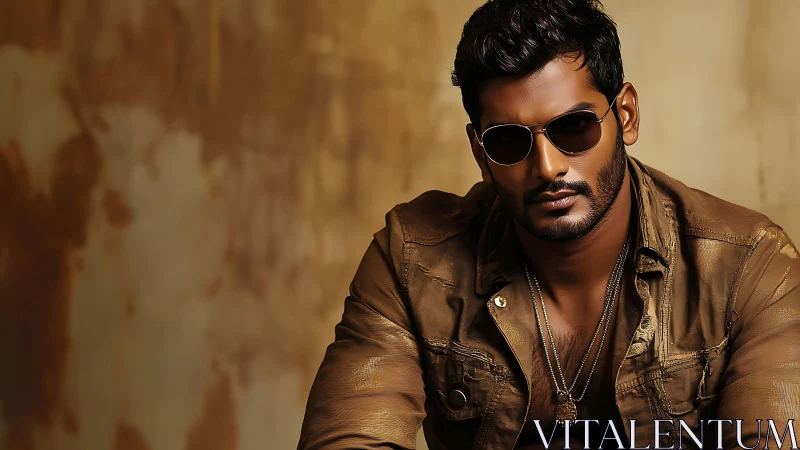 Man in brown jacket and sunglasses against warm backdrop.