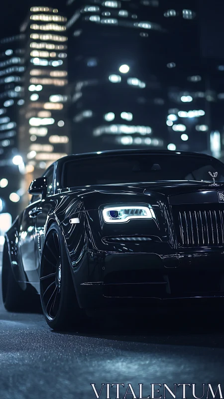 Low-angle view shows black luxury car in urban night setting