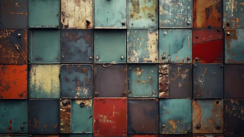 Weathered metal tile wall in industrial vintage style pattern.