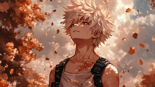 Freckled anime boy gazes upward amid swirling autumn leaves.