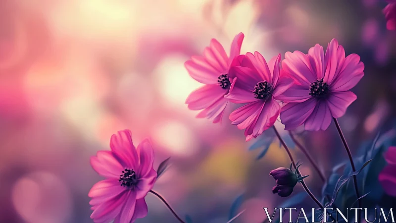 Pink cosmos flowers with soft bokeh background
