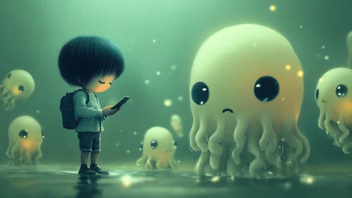 Child with smartphone beside glowing sad jellyfish entities