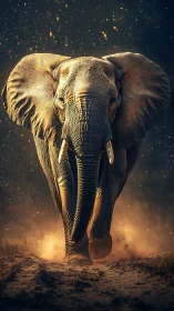 Majestic bull elephant charging through glowing duststorm.