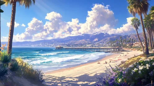 Sunlit Pacific shoreline with pier, palm trees, and coastal mountains