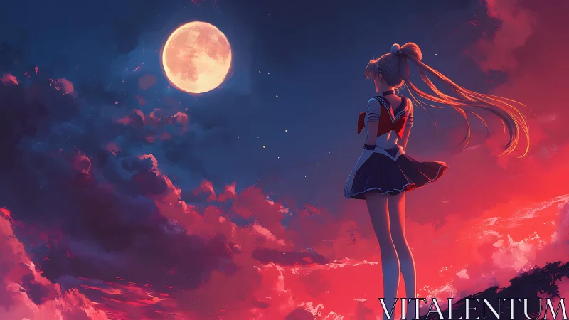 Moonlit anime heroine over glowing crimson sunset sky.